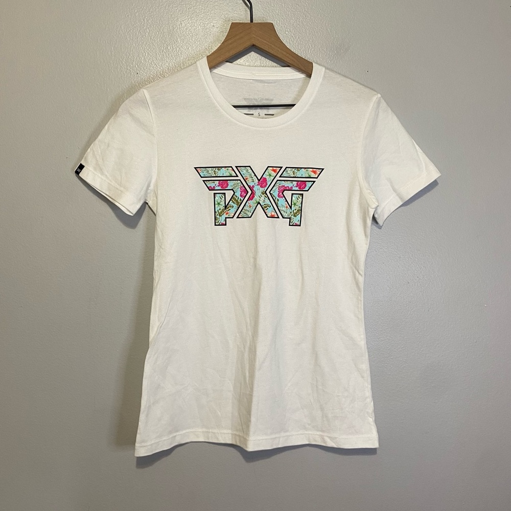 PXG Women’s White Short Sleeve Shirt Size Small Slim Fitted Floral Logo